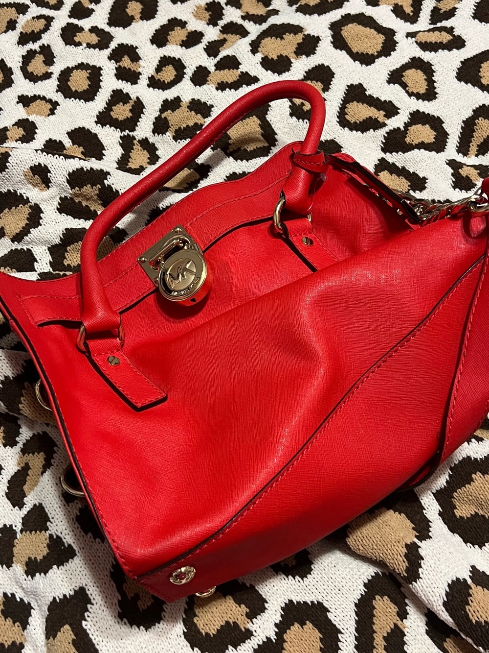 Michael Kors Bright Red Leather Satchel with Gold Hardware
